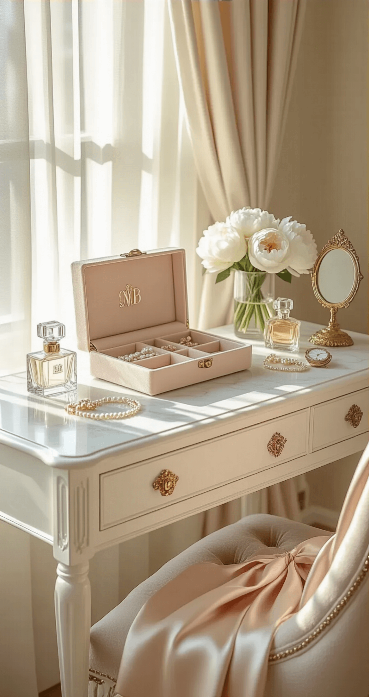 Finding the Perfect Maid of Honor Gifts That Actually Matter Elegant bedroom vanity area in golden hour light, featuring a white lacquered vanity table with vintage brass hardware, marble countertop adorned with a monogrammed jewelry box, delicate gold necklaces, pearl earrings, and a silver watch. A champagne silk robe hangs on a tufted velvet chair, alongside crystal perfume bottles, white peonies, and an ornate hand mirror, all in warm whites, soft golds, and muted pinks, captured from a three-quarter angle with shallow depth of field.