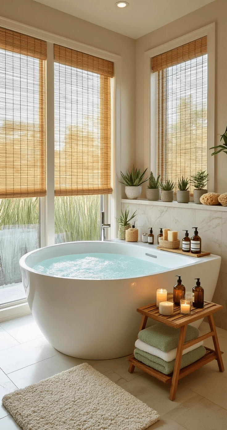 Finding the Perfect Maid of Honor Gifts That Actually Matter Wide angle view of a spa-inspired bathroom with a freestanding white soaking tub, floor-to-ceiling windows with bamboo blinds, marble countertops adorned with luxurious bath products, a wooden bath caddy with candles, eucalyptus, and towels, heated stone floors, potted succulents, and a serene atmosphere enhanced by an essential oil diffuser and copper fixtures.
