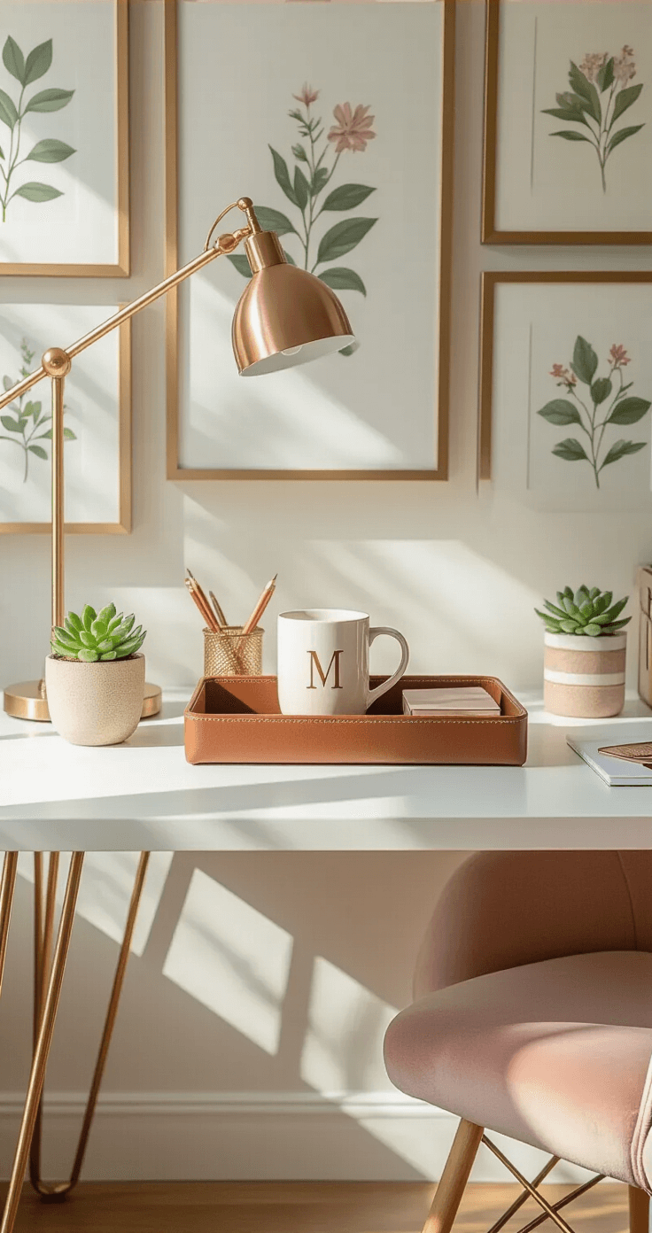 Finding the Perfect Maid of Honor Gifts That Actually Matter Close-up of a modern home office desk featuring a sleek white desk with gold hairpin legs, a leather desk organizer, rose gold lamp, personalized coffee mug, succulent, and stationery, all beautifully arranged in bright morning light with a gallery wall of botanical prints in the background.