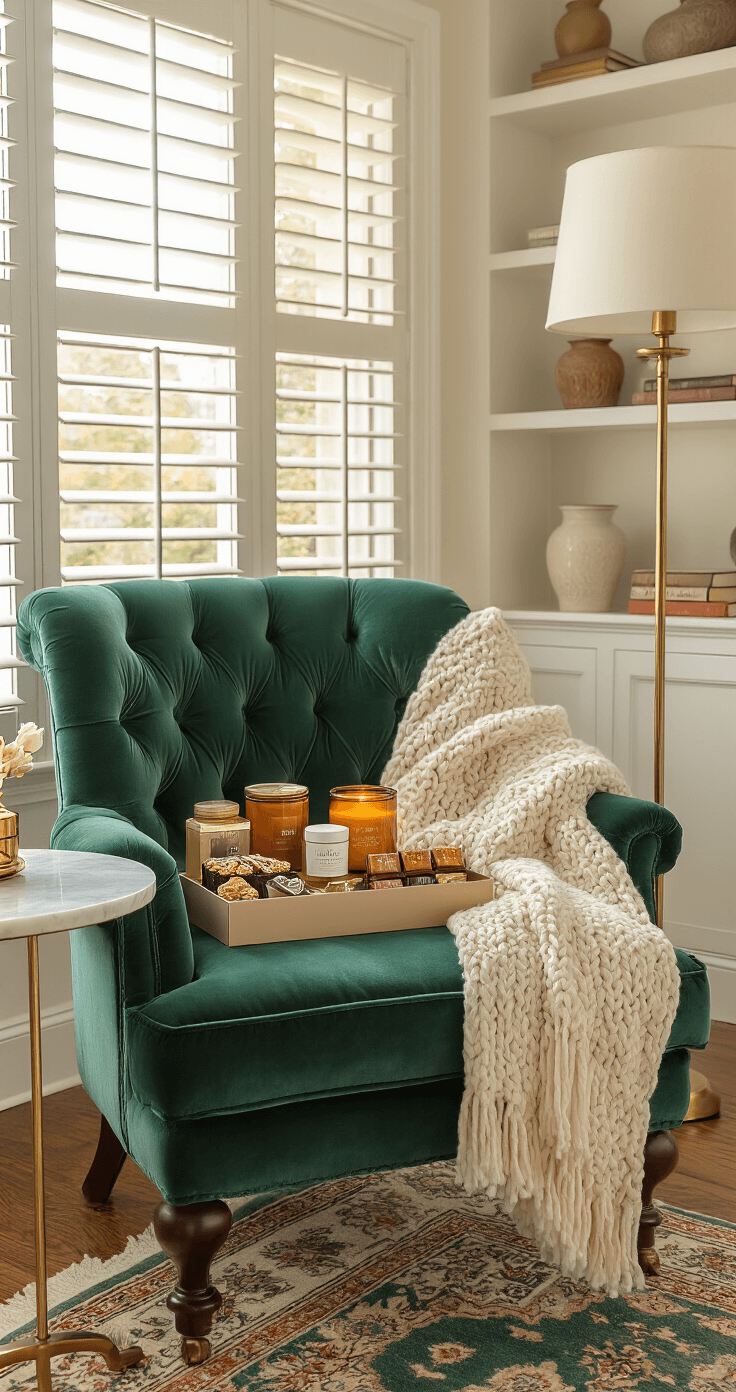 Finding the Perfect Maid of Honor Gifts That Actually Matter Medium shot of an elegant living room reading nook featuring a deep emerald green velvet armchair beside a tall window with white plantation shutters, adorned with a cream wool throw, a round marble side table holding a luxury relaxation gift box, and a brass floor lamp. The hardwood floors showcase a vintage Persian rug, while floating shelves display ceramic vessels and plants, all bathed in warm, diffused natural light during golden hour.