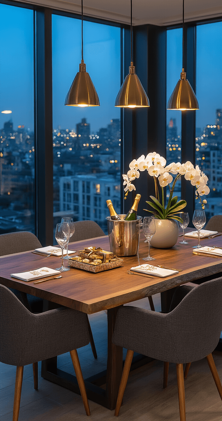 Finding the Perfect Maid of Honor Gifts That Actually Matter A contemporary dining room during blue hour featuring a live-edge walnut dining table with mid-century modern chairs, elegantly set with a champagne bucket, crystal glasses, gourmet chocolates, personalized napkins, and white orchids; pendant lights in brushed brass illuminate the space, while city lights twinkle outside through large windows.