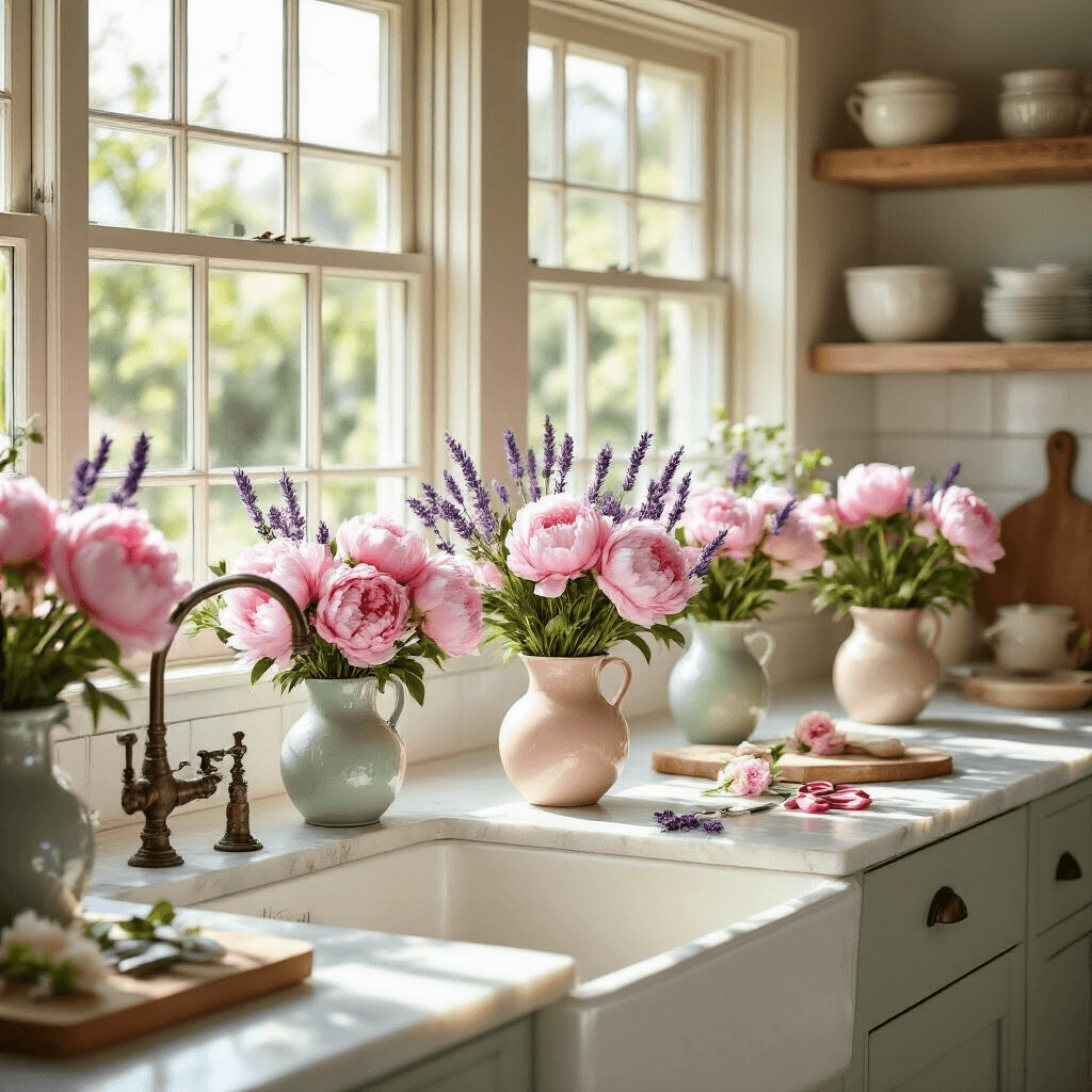 The Complete Guide to Stunning Peony Bouquets for Your Home Cottage-style kitchen with pink peony arrangements in pastel ceramic vases on white subway tile countertops, illuminated by midday sunlight through multi-pane windows, showcasing a warm color palette and farmhouse aesthetics.