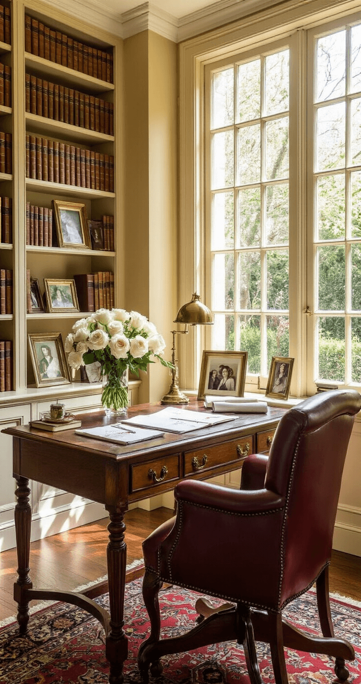 Maid of Honor Speech Quotes That Actually Work: 25 Lines That Won't Make You Cringe An intimate home office with warm honey-colored walls, a vintage oak writing desk, tall windows overlooking a garden, and a burgundy leather chair. The desk is scattered with wedding planning materials and elegant stationery. A vase of fresh white roses and a brass banker's lamp add charm, while floor-to-ceiling bookshelves filled with leather-bound volumes and family photographs frame the space, complemented by rich mahogany floors and a deep emerald wool rug.