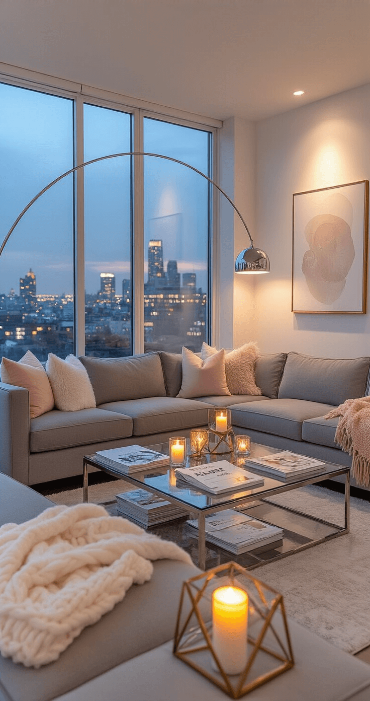 Maid of Honor Speech Quotes That Actually Work: 25 Lines That Won't Make You Cringe A modern living room at twilight featuring a gray sectional sofa around a glass coffee table with wedding magazines and speech note cards, complemented by crisp white walls, city lights outside, warm ambient lighting from a chrome floor lamp, flickering candles in brass holders, and soft blush pink accents.