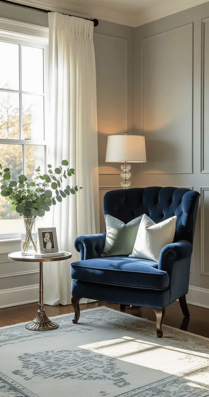 Maid of Honor Speech Quotes That Actually Work: 25 Lines That Won't Make You Cringe An elegant bedroom corner with a tufted navy reading chair by a tall window, flowing white curtains, a small round side table with a crystal lamp, scattered speech notes, and a silver-framed photo. The room features soft gray walls, white wainscoting, a plush pastel area rug, and fresh eucalyptus in a glass vase, all illuminated by warm golden hour light.