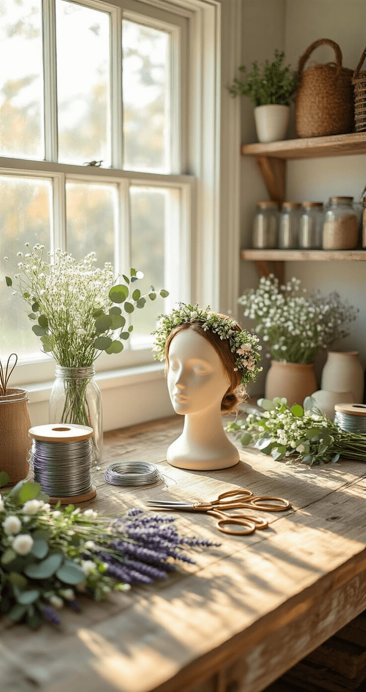 How to Make a Flower Crown That Won't Fall Apart (Trust Me, I've Been There) A bright craft room with a rustic farmhouse table, scattered with flower crown supplies, featuring silver floral wire, green floral tape, eucalyptus stems, dusty rose spray roses, and lavender. Afternoon light filters through white windows, highlighting a half-completed crown on a ceramic head form.