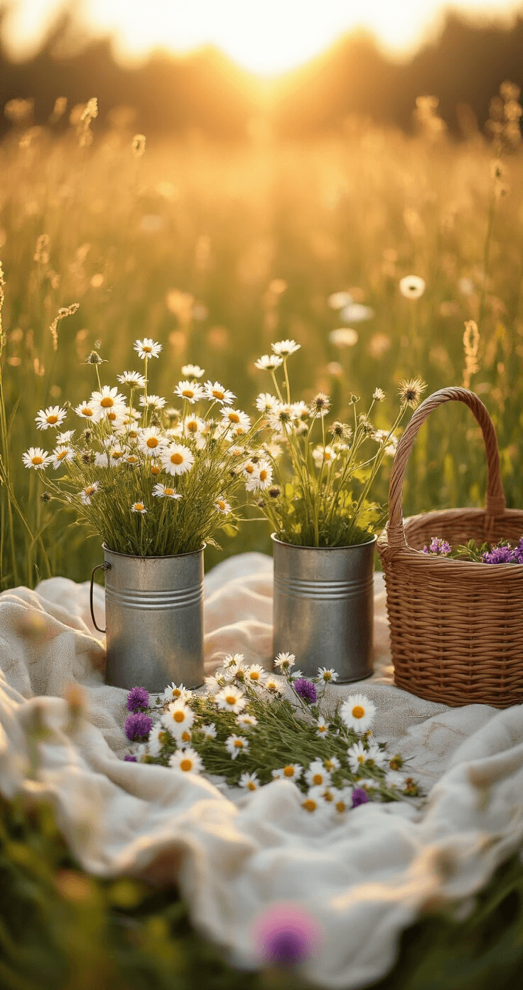 How to Make a Flower Crown That Won't Fall Apart (Trust Me, I've Been There) An enchanting meadow scene during golden hour featuring a bohemian outdoor workspace with a vintage picnic blanket, freshly picked wildflowers, and a partially braided daisy chain, captured from a low ground angle to emphasize the wild beauty of the setting.