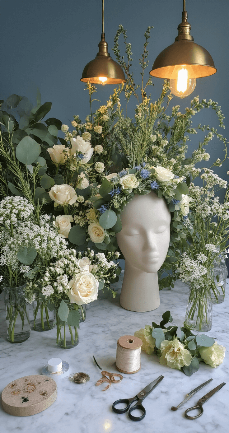 How to Make a Flower Crown That Won't Fall Apart (Trust Me, I've Been There) A sophisticated floral design studio at blue hour, featuring a marble-topped workstation illuminated by warm pendant lights, displaying MVP flowers in clear glass vessels, professional tools, and a completed floral crown on an antique brass mannequin head, all against a backdrop of white subway tiles and floating shelves.
