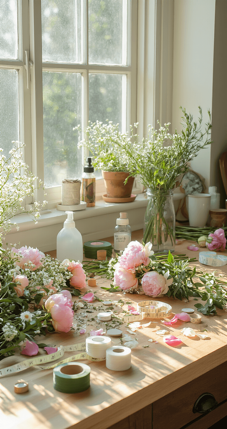 How to Make a Flower Crown That Won't Fall Apart (Trust Me, I've Been There) A cozy kitchen corner with a butcher-block countertop, illuminated by soft natural light, displays a flower crown repair station featuring partially deconstructed crowns, loose stems, and crafting supplies like floral tape and glue, alongside wilted peonies and hardy rosemary. Scattered rose petals and a measuring tape suggest active repairs and sizing adjustments, capturing the organized chaos of crafting with natural materials.