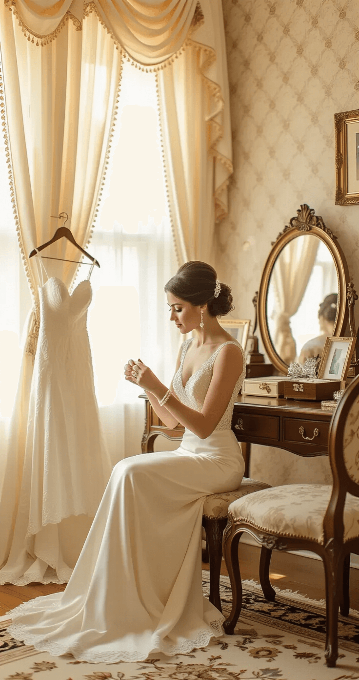 How Wedding Memorials Helped Me Honor My Lost Grandmother on My Big Day A bride in a warm, intimate bridal suite fastens a vintage pearl bracelet at an antique mahogany vanity, surrounded by soft golden light, cream-colored walls, and delicate decor, including a silk wedding dress and framed family photos.