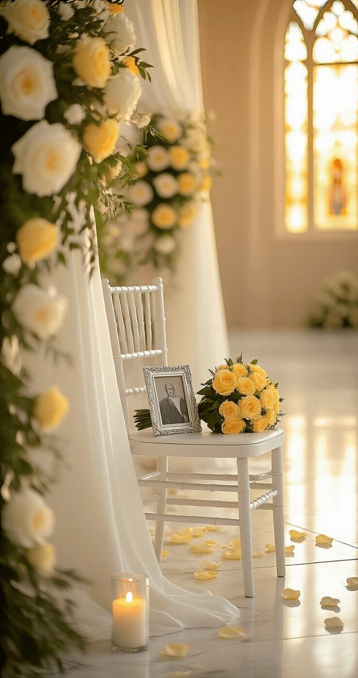How Wedding Memorials Helped Me Honor My Lost Grandmother on My Big Day An elegant wedding altar setup during golden hour, featuring a reserved chair with a vintage photograph and yellow roses, draped arch, marble flooring, and warm backlighting creating a romantic atmosphere.