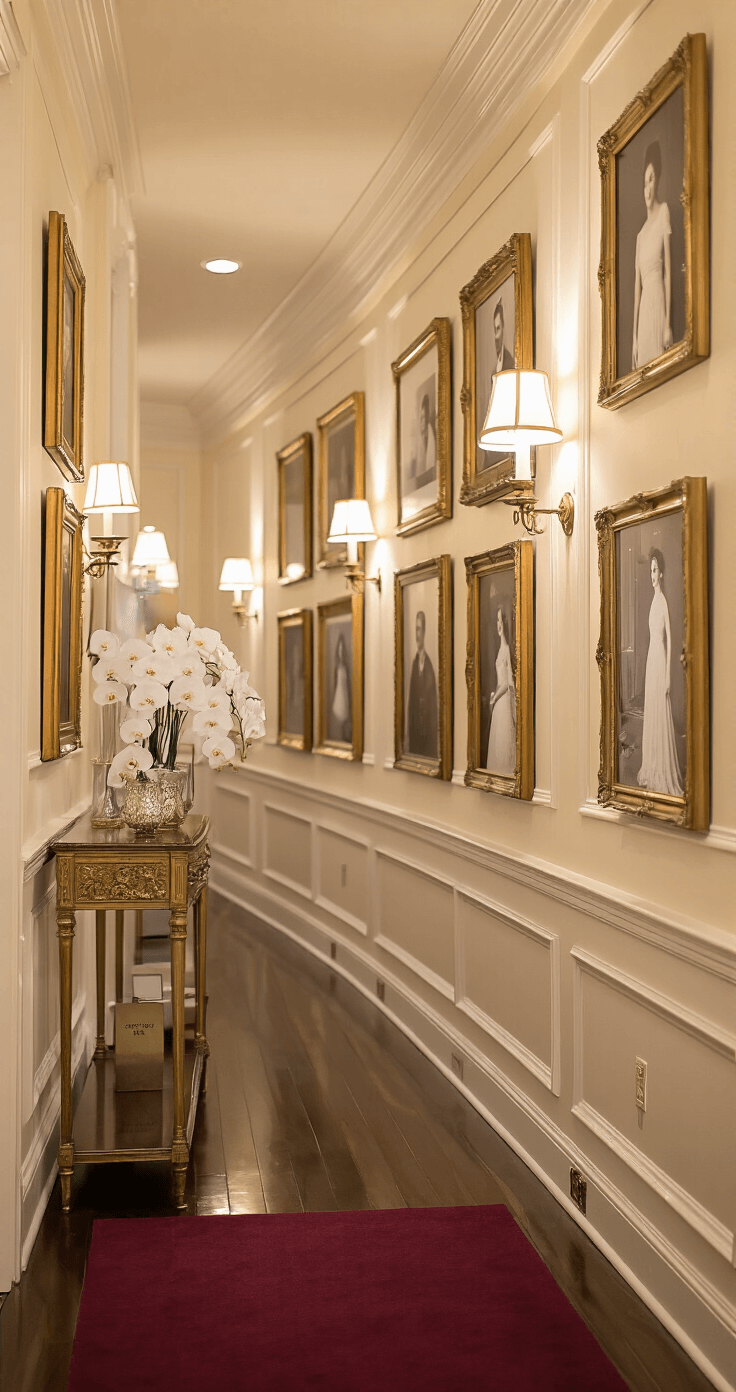 How Wedding Memorials Helped Me Honor My Lost Grandmother on My Big Day A beautifully lit wedding reception hallway transformed into a memory lane gallery, showcasing vintage wedding photographs in gold frames on cream-colored walls, accented by soft sconce lighting and a burgundy carpet runner, with elegant fresh orchids in crystal vases enhancing the intimate atmosphere.