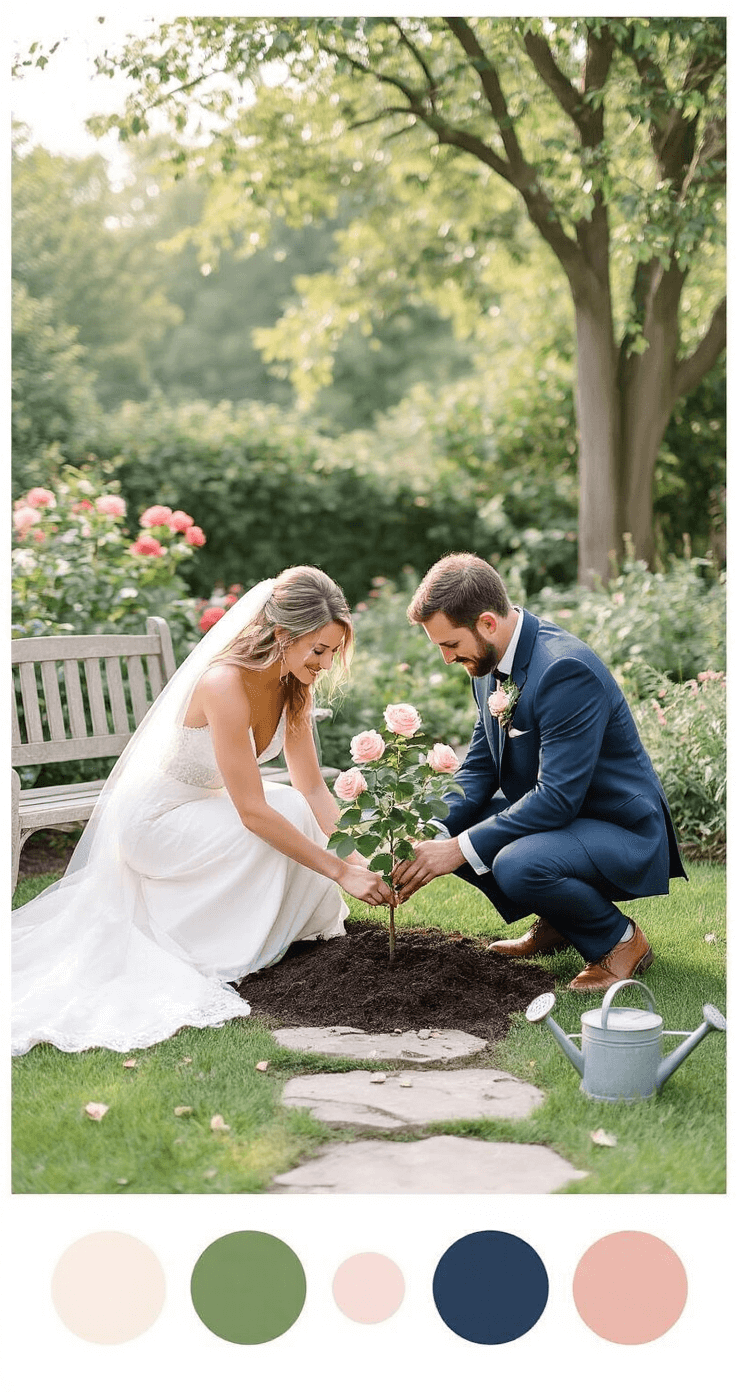 How Wedding Memorials Helped Me Honor My Lost Grandmother on My Big Day An enchanting garden ceremony scene with a bride and groom planting a memorial rose bush in soft afternoon light, surrounded by lush greenery, stone pathways, and mature trees, showcasing their connection and the beauty of the setting.