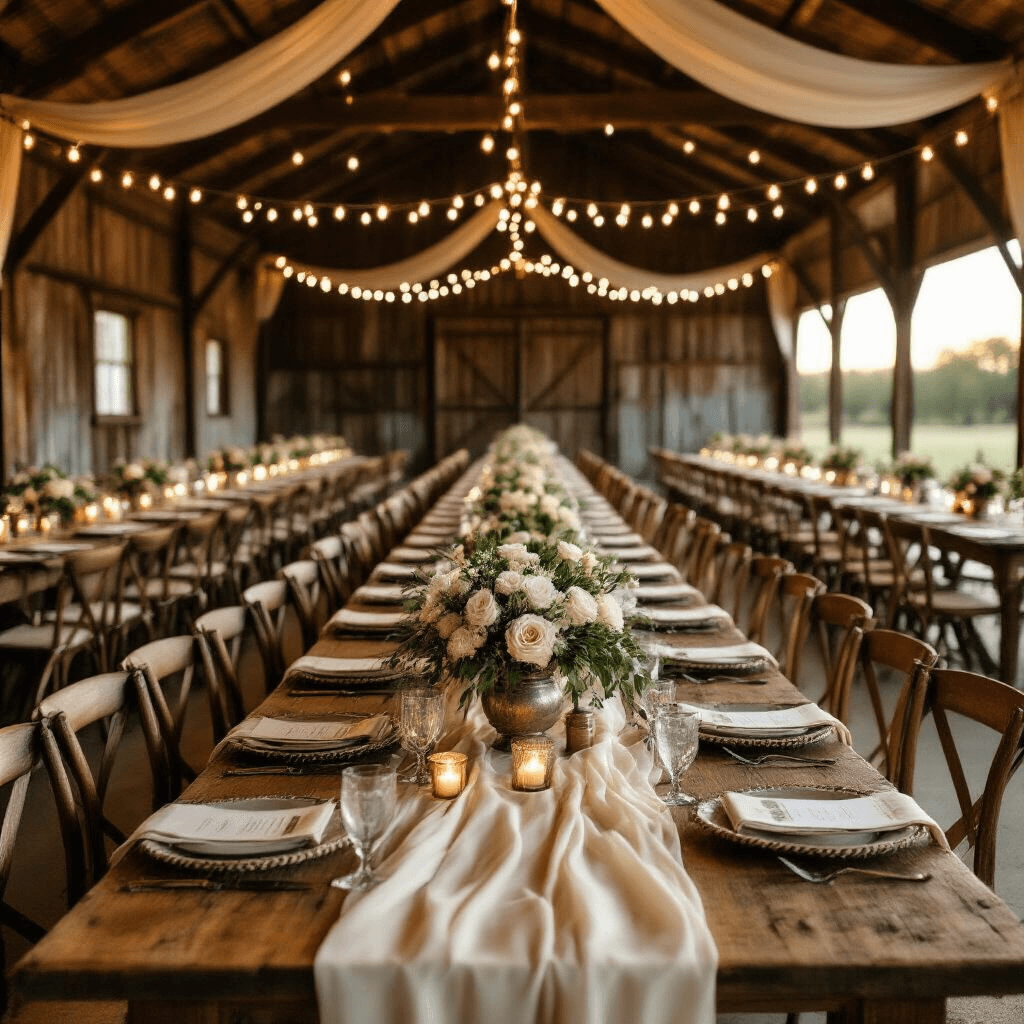 Western Engagement Rings: Your Complete Guide to Rustic Romance Wide-angle view of a romantic rustic barn wedding reception at golden hour, featuring long wooden tables with ivory silk runners, vintage silver centerpieces with prairie roses and eucalyptus, glowing string lights, mason jar lanterns, and rustic decor including horseshoes and sage green velvet chairs.