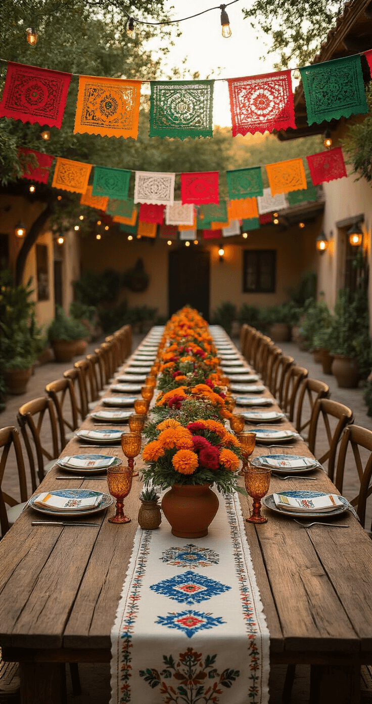 A rustic Mexican wedding reception in a courtyard at golden hour, featuring long wooden farm tables with vibrant papel picado banners, terracotta centerpieces filled with marigolds and bougainvillea, and Otomí table runners. Vintage tin lanterns and string lights create a warm ambiance, with Chiavari chairs adorned with serape ties, all bathed in sunset hues of terracotta, golden yellow, and deep coral.