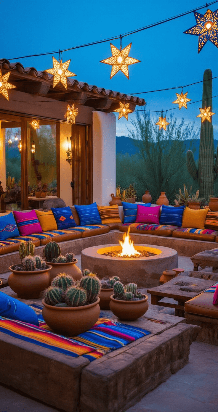 Intimate Mexican wedding lounge with leather equipales chairs, vibrant serape pillows, and terracotta pottery, featuring a central fire bowl and warm lighting from tin star lanterns against white adobe walls decorated with Talavera ceramics.