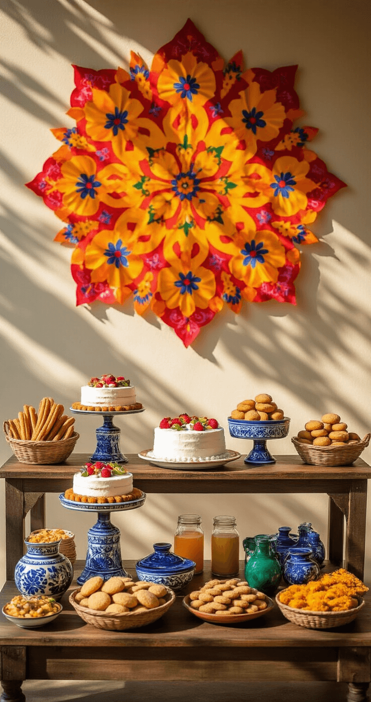 A vibrant Mexican wedding dessert station with a rustic wooden table featuring traditional tres leches cake, churros in woven baskets, and assorted wedding cookies on hand-painted pottery, highlighted by dramatic papel picado backdrop and warm string lights, creating a festive evening atmosphere.