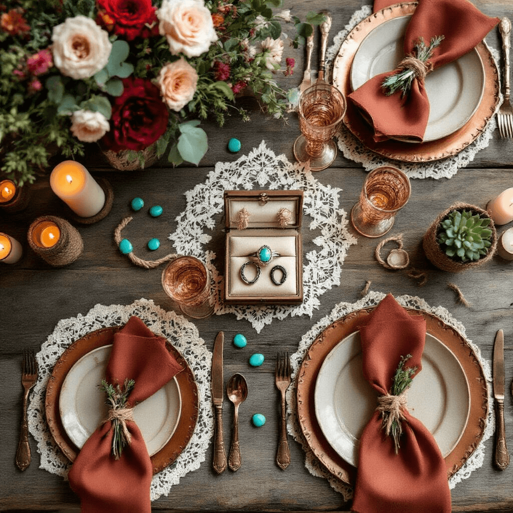 Western Engagement Rings: Your Complete Guide to Rustic Romance Overhead flat lay of an intimate engagement party table setting featuring leather placemats, copper charger plates, vintage silver cutlery, terracotta napkins, cream ceramic plates, and rose gold glassware, accented by turquoise gemstones, wild rose petals, and horseshoe favor boxes with leather ribbons, alongside a custom engagement ring display on lace doilies and flickering candles in glass holders.