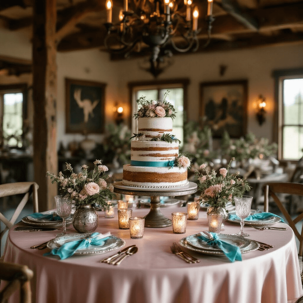 Western Engagement Rings: Your Complete Guide to Rustic Romance Close-up shot of a cozy ranch-style dining room featuring a round table with blush pink silk linens, a tiered cake stand with rustic naked cakes adorned with wildflowers, and mercury glass votive holders illuminating vintage silver and delicate china against a backdrop of wooden beams and Western artwork.