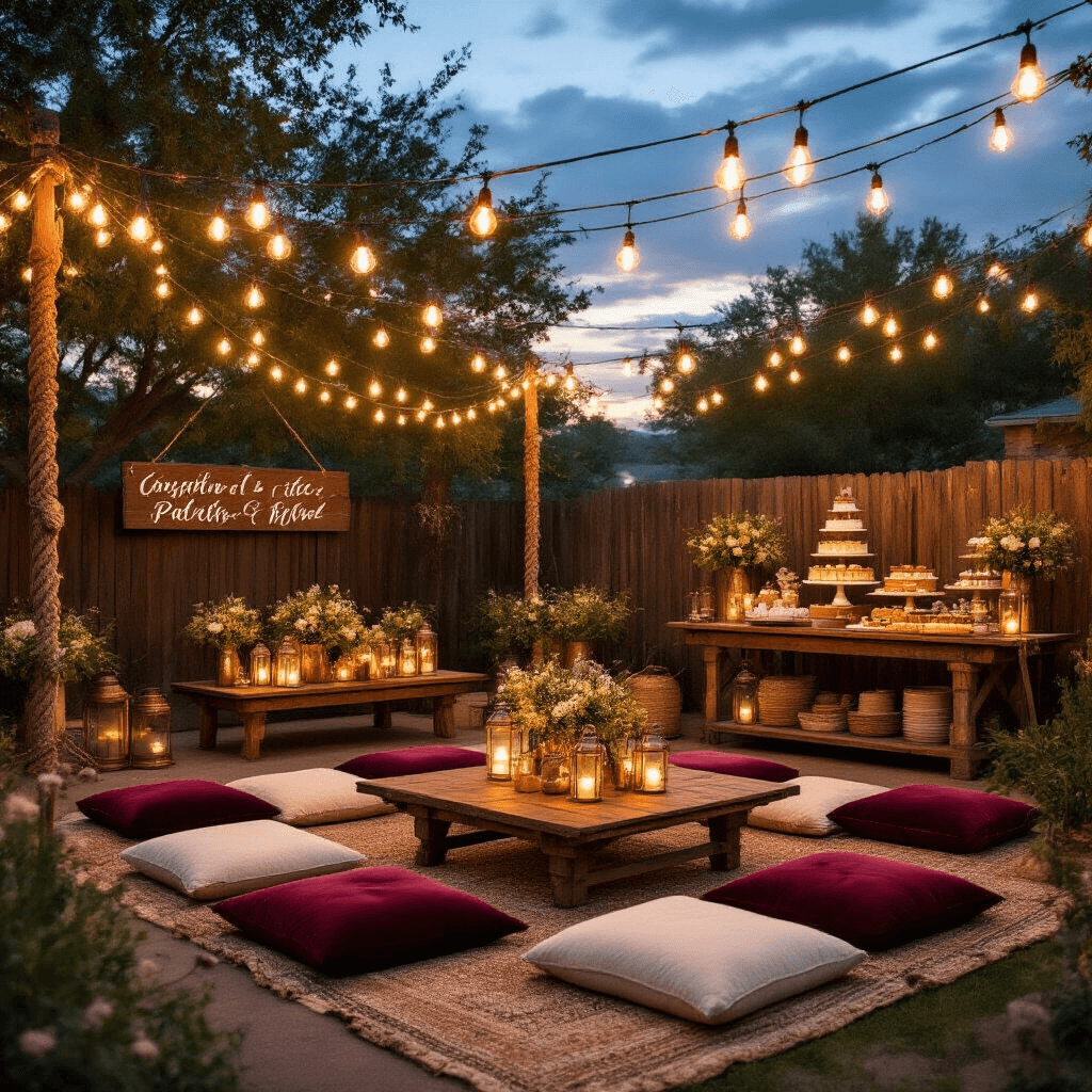 Western Engagement Rings: Your Complete Guide to Rustic Romance A stylish backyard Western-themed celebration featuring low wooden tables with burgundy velvet and cream linen cushions, adorned with lantern centerpieces, rope garlands, and vintage signs, under a canopy of market lights. Mason jars with prairie wildflowers and a rustic dessert station enhance the whimsical atmosphere at twilight.