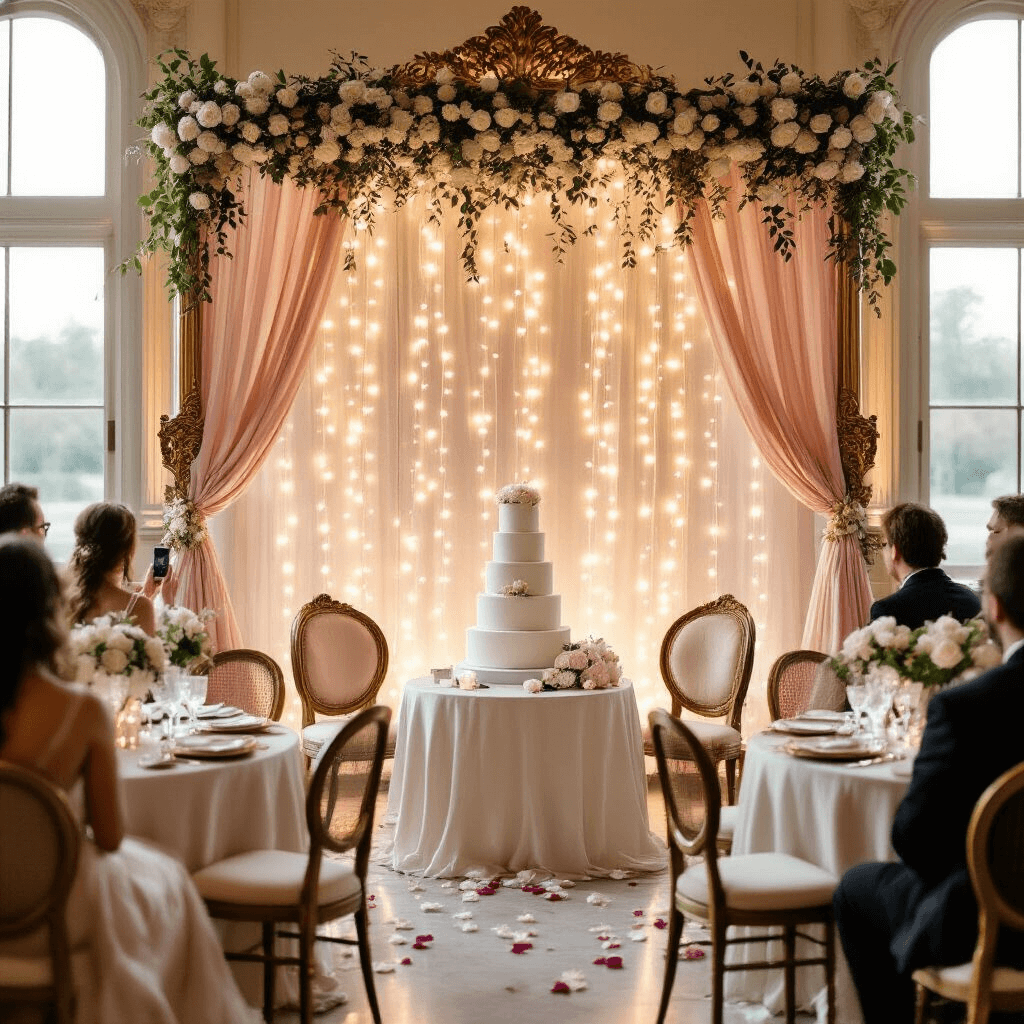 Photo Booth Poses That'll Make You Look Like a Total Rockstar Elegant indoor ballroom photo booth station during golden hour, featuring vintage backdrop with fairy lights and blush pink drapery, cocktail tables with ivory linens, formal guests, a white wedding cake on a marble pedestal, and soft natural light illuminating the romantic scene.