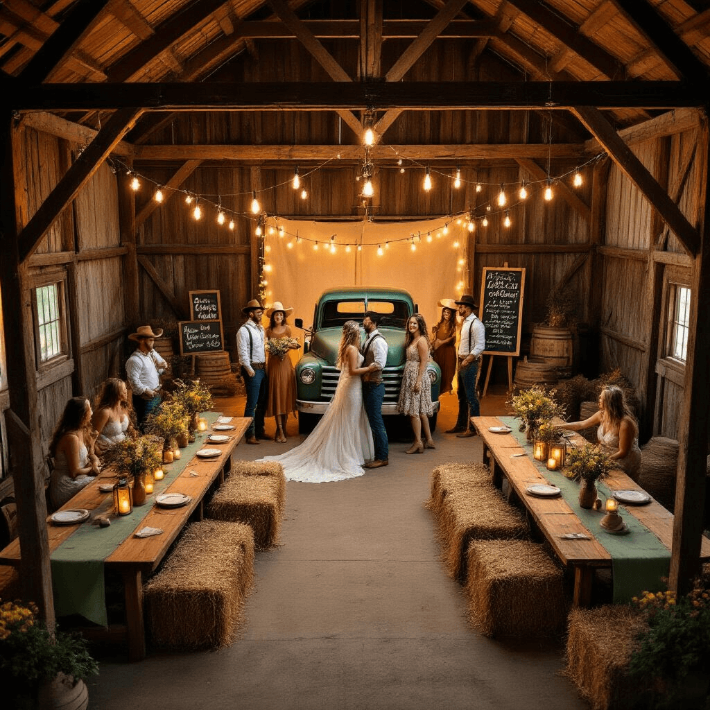 Photo Booth Poses That'll Make You Look Like a Total Rockstar Aerial view of a rustic barn photo booth setup at a candlelit evening celebration, featuring long wooden tables adorned with terracotta and sage green runners, mason jar wildflower centerpieces, and Edison bulb string lights. Couples pose around a vintage truck backdrop with hay bales as seating, surrounded by photo booth props like cowboy hats and chalkboard signs, illuminated by the warm glow of lanterns and candles.
