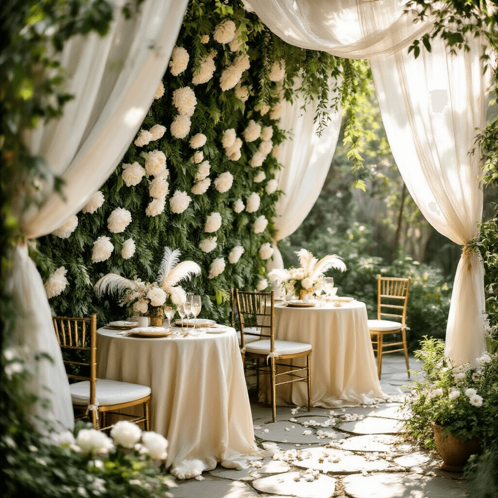 Photo Booth Poses That'll Make You Look Like a Total Rockstar A close-up of a romantic garden photo booth corner, featuring a lush living wall with white peonies, small tables adorned with gold and ivory linens, delicate china, and champagne flutes, all under soft morning light filtering through sheer canopies. Guests pose with elegant props amidst scattered flower petals and vintage decor.