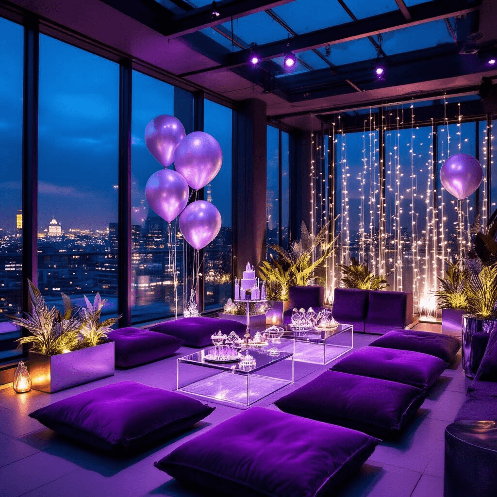 Photo Booth Poses That'll Make You Look Like a Total Rockstar A moody wide-angle shot of a modern rooftop terrace photo booth setup featuring sleek furniture with lavender and silver accents, deep purple velvet cushions, geometric backdrop panels, metallic balloon installations, and contemporary lighting, with guests posing against floor-to-ceiling windows showcasing the urban skyline at night.