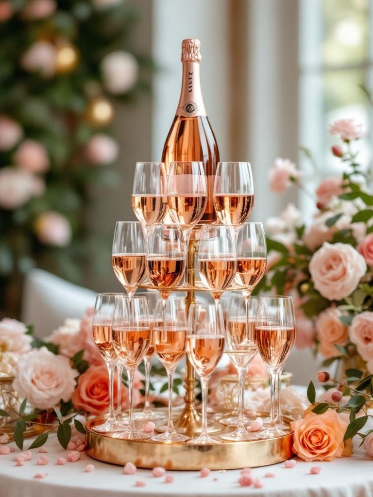 27 Light Pink Wedding Ideas for a Soft and Romantic Celebration Elegant champagne tower with rosé champagne