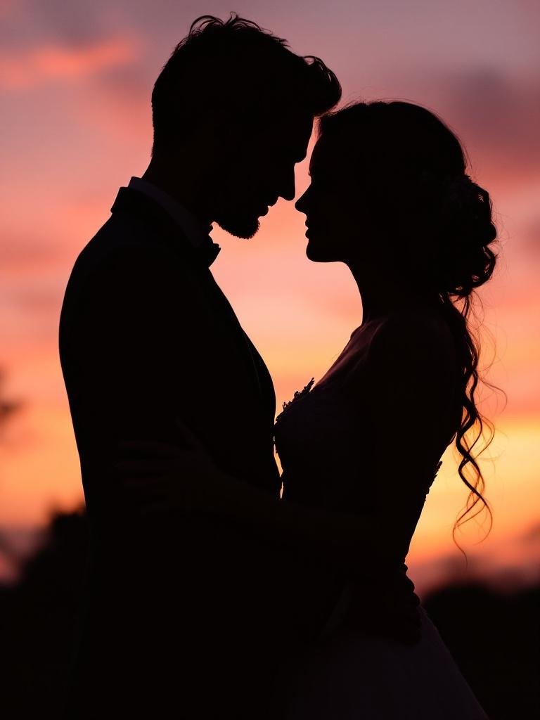 27 Light Pink Wedding Ideas for a Soft and Romantic Celebration Couple silhouette at sunset with light pink wedding atmosphere