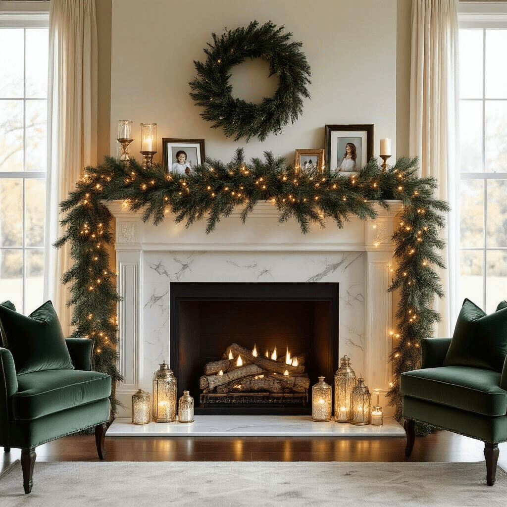 Why Norfolk Pine Garland is the Game-Changer Your Holiday Decor Has Been Missing Wide-angle shot of an elegant indoor living room mantel decorated for the holidays with lush Norfolk pine garland, white marble fireplace, and warm golden hour lighting creating a cozy atmosphere.