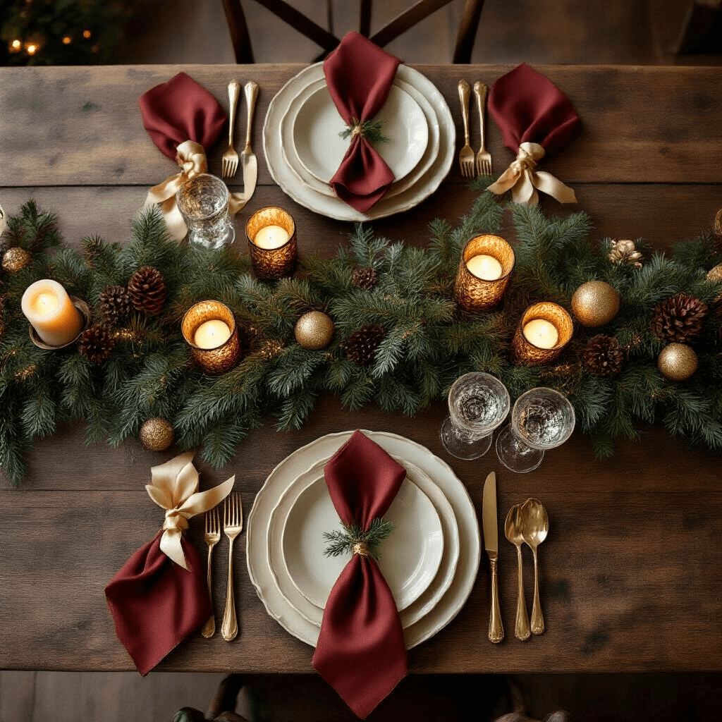 Why Norfolk Pine Garland is the Game-Changer Your Holiday Decor Has Been Missing Overhead flat lay of a holiday dinner party table, featuring a Norfolk pine garland on a rustic wooden table, illuminated by candlelight from mercury glass votives, with rich burgundy, gold, and deep forest green accents, cream ceramic dinnerware, gold-rimmed glassware, and warm terracotta napkins.