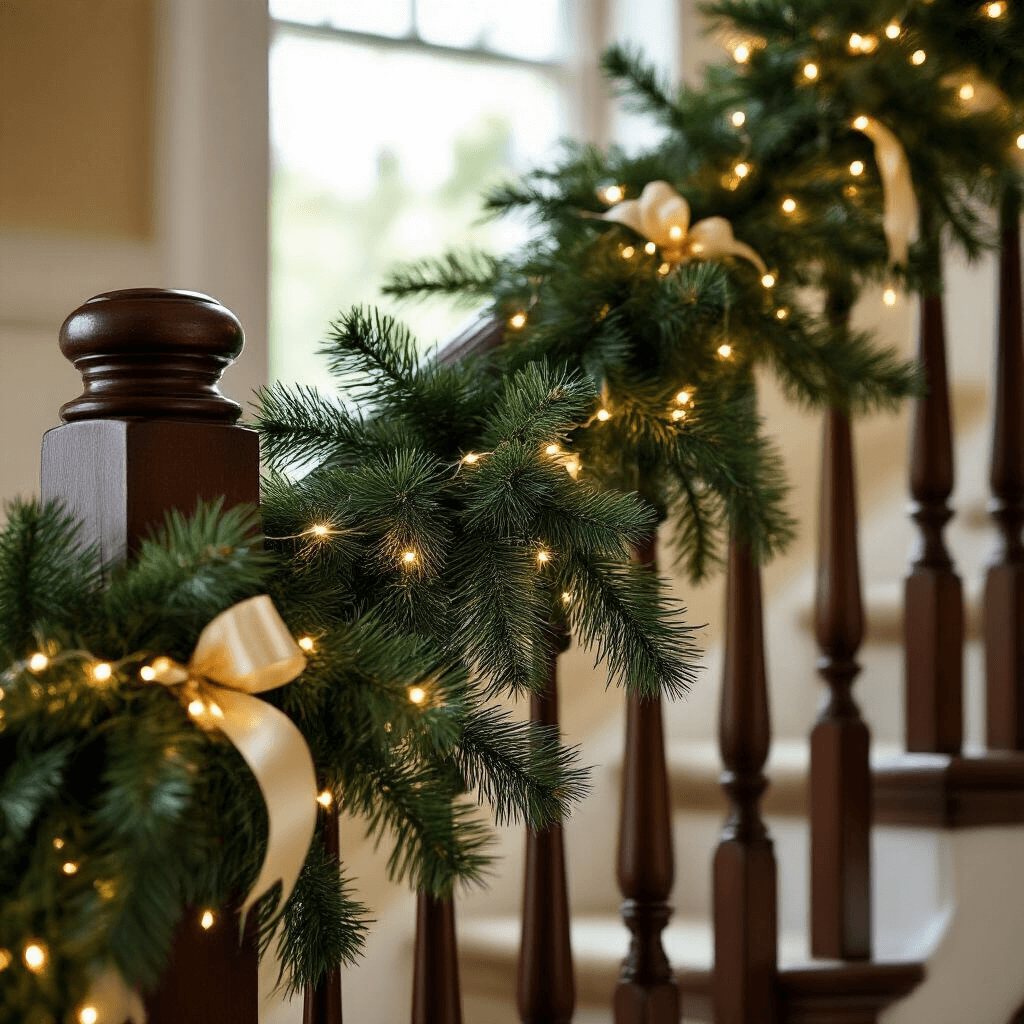 Why Norfolk Pine Garland is the Game-Changer Your Holiday Decor Has Been Missing Close-up of a grand wooden staircase bannister adorned with Norfolk pine garland, featuring warm white fairy lights and silk ribbon in champagne gold, captured in soft morning light that highlights rich jewel tones and textures.