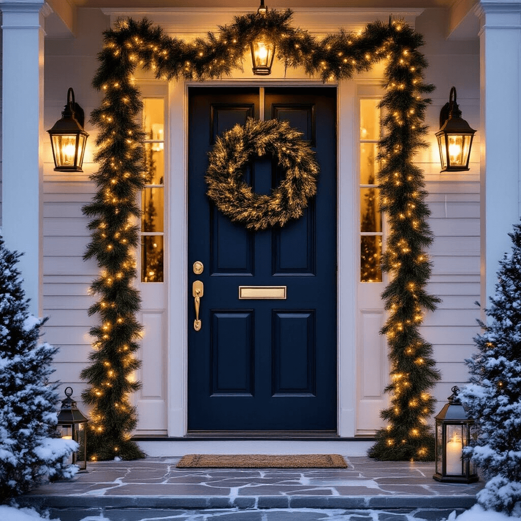Why Norfolk Pine Garland is the Game-Changer Your Holiday Decor Has Been Missing Cinematic wide-angle shot of a holiday-decorated entryway featuring a dark navy blue front door adorned with Norfolk pine garland and a coordinating wreath, illuminated by warm string lights, with snow-dusted planters and natural stone flooring, creating a magical winter wonderland ambiance.