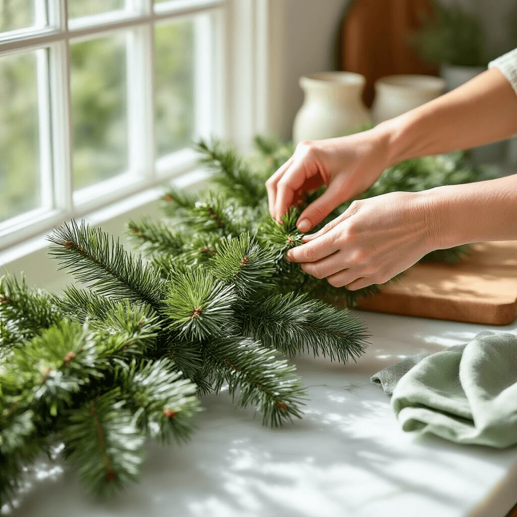 Why Norfolk Pine Garland is the Game-Changer Your Holiday Decor Has Been Missing Close-up of hands fluffing a Norfolk pine garland on a white marble countertop, illuminated by bright natural sunlight, highlighting the garland's realistic textures and layered greens against cream ceramic accessories and wooden cutting boards.