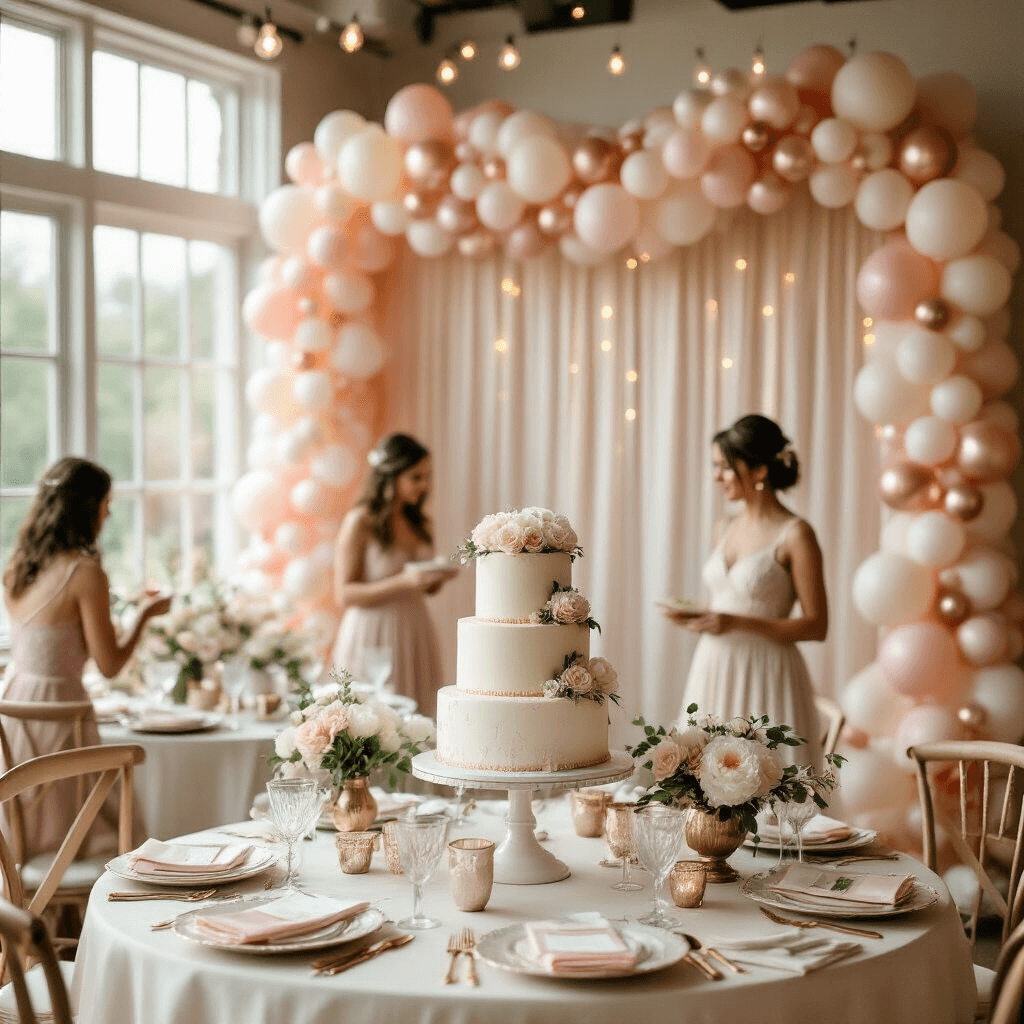 Baby Shower Garlands: The Ultimate Guide to Creating Instagram-Worthy Celebrations Cinematic wide-angle shot of an elegant indoor baby shower with a blush pink and rose gold balloon garland backdrop, featuring a three-tier white cake on a lavish dessert table, surrounded by guests in pastel dresses, under softly glowing natural light and twinkling fairy lights.