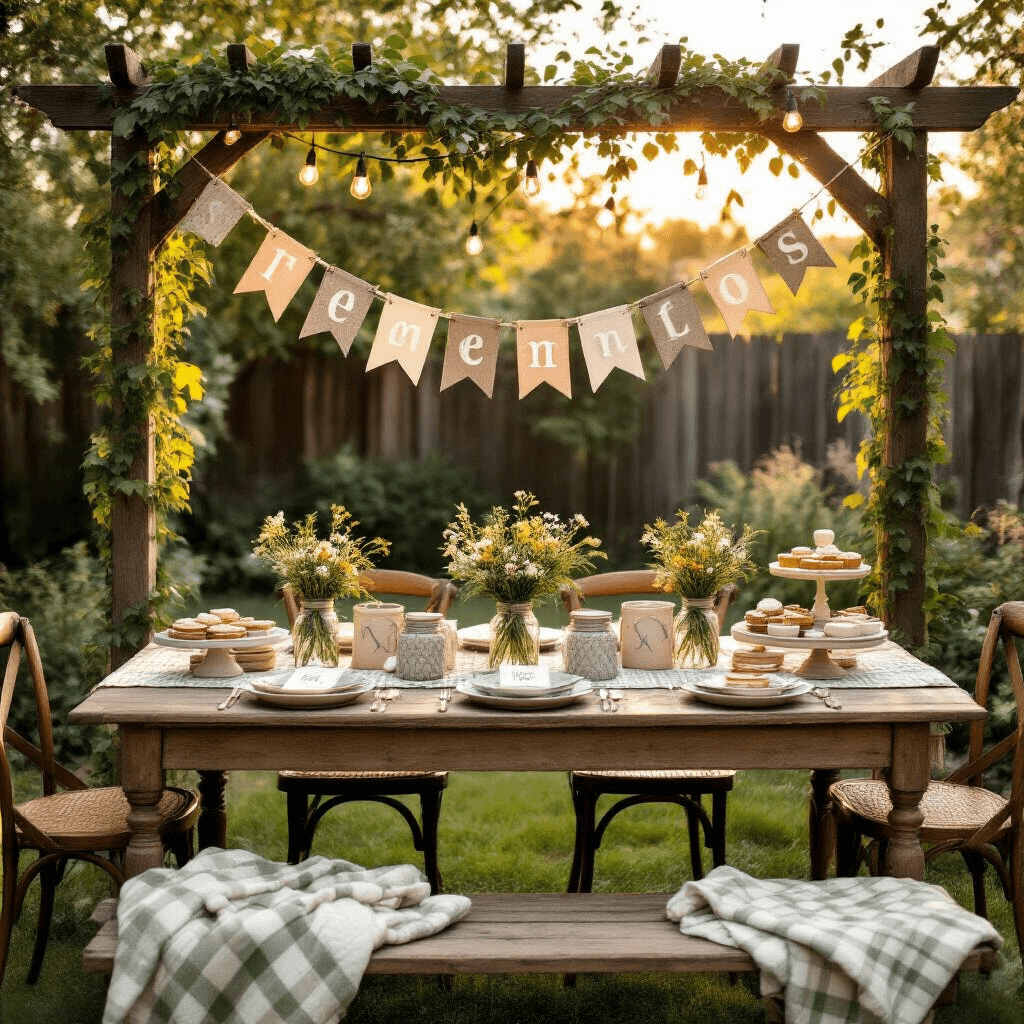 Baby Shower Garlands: The Ultimate Guide to Creating Instagram-Worthy Celebrations Overhead view of a rustic outdoor baby shower setup with a wooden table decorated with gingham and burlap garlands, vintage chairs, floral mason jar centerpieces, and personalized place cards, all illuminated by warm golden hour light and string lights, surrounded by a cozy backyard garden atmosphere.