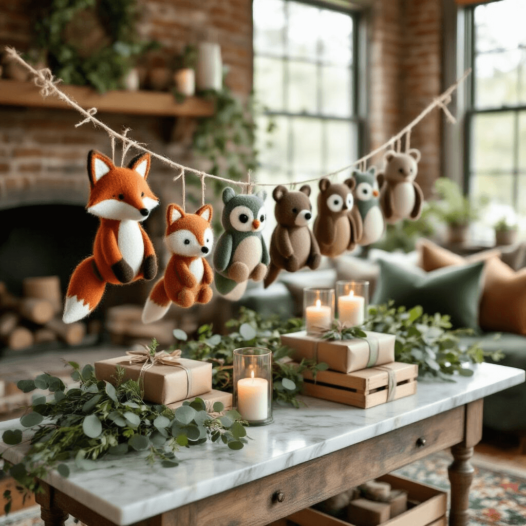 Baby Shower Garlands: The Ultimate Guide to Creating Instagram-Worthy Celebrations Close-up detail of a whimsical felt garland with woodland animals above a gift table in a cozy living room, showcasing earthy-toned foxes, bears, and owls against exposed brick walls, complemented by wrapped gifts in kraft paper, vintage crates, pillar candles, and sage green velvet cushions on a Persian rug.
