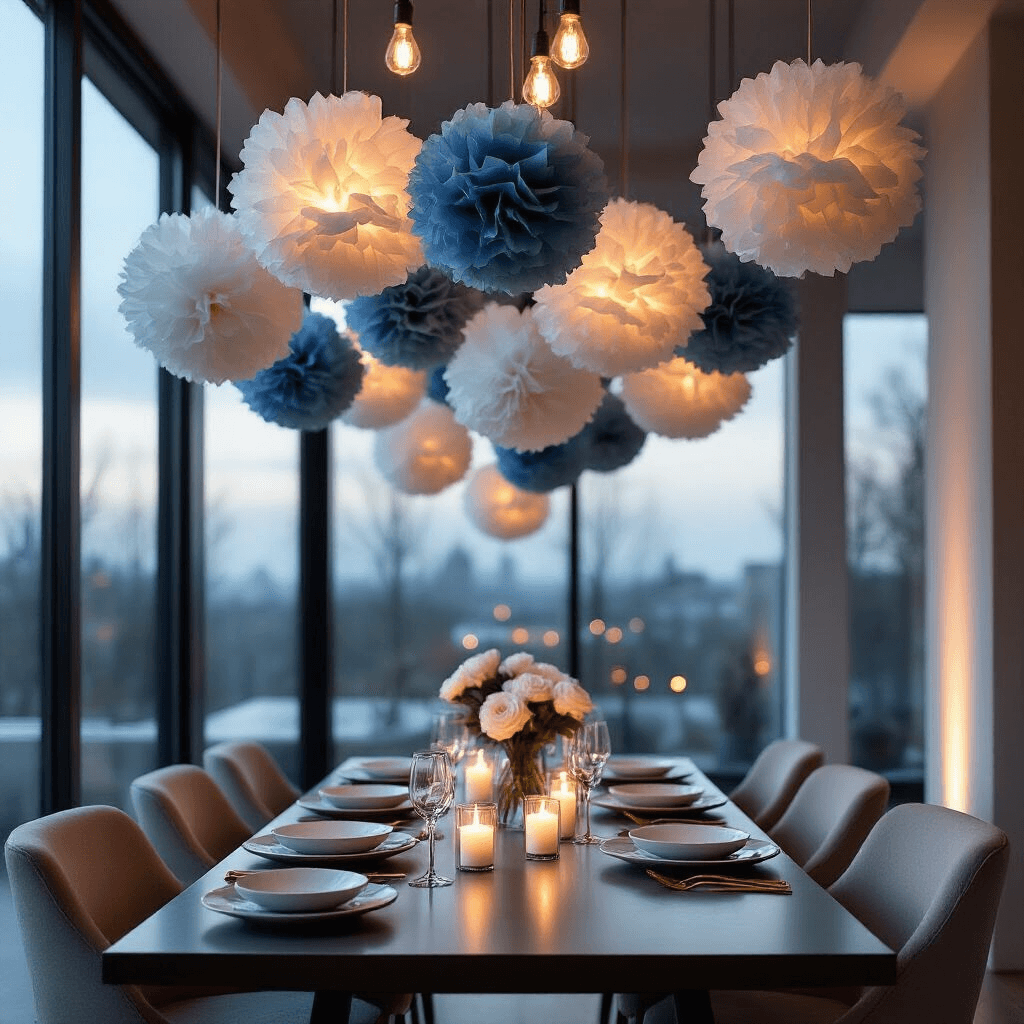 Baby Shower Garlands: The Ultimate Guide to Creating Instagram-Worthy Celebrations A moody candlelit modern apartment featuring a sophisticated paper garland installation with tissue paper pom-poms in dusty blue, gray, and white, a low dining table with minimalist place settings, and ambient lighting from candles and Edison bulb string lights.