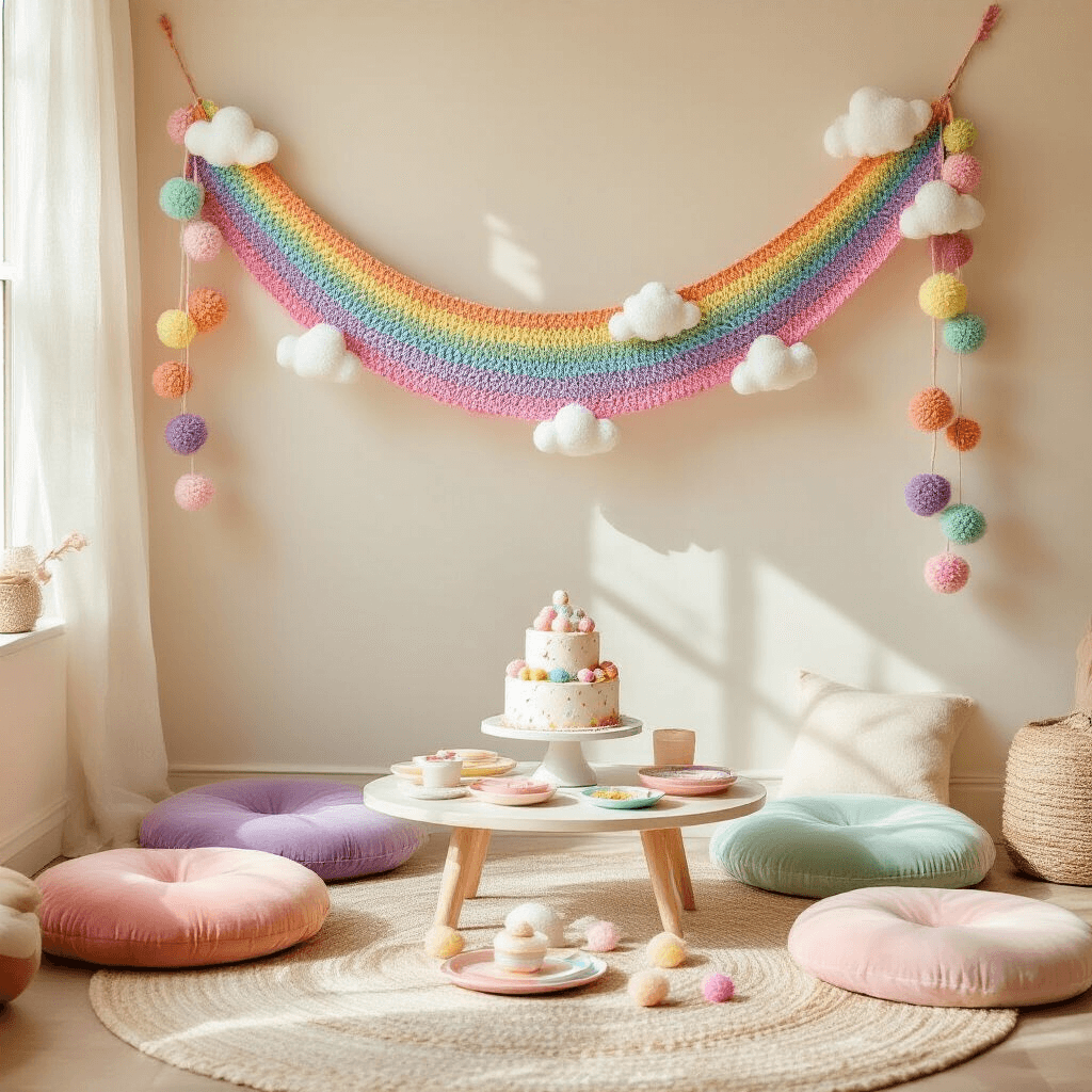 How Crochet Garlands Transformed My Living Space (And Why Yours Needs Them Too!) Overhead view of a whimsical child's birthday party in a bright living room, featuring a rainbow crochet garland with cloud motifs, a low table surrounded by pastel velvet cushions, handmade pom-pom garlands, and a three-tiered cake as the centerpiece, all illuminated by soft morning light.