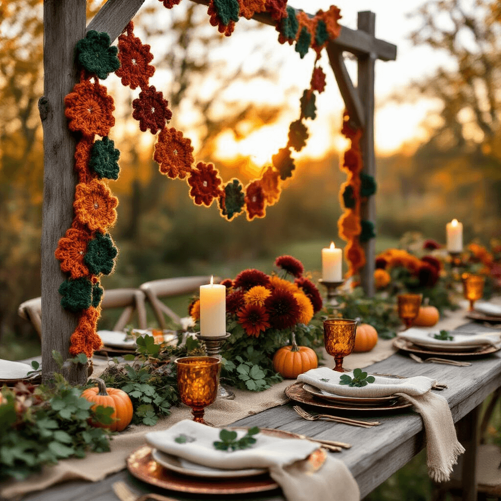 How Crochet Garlands Transformed My Living Space (And Why Yours Needs Them Too!) Close-up detail shot of an intimate autumn garden party setup featuring a burnt orange and forest green crochet garland, rustic wooden posts, a farmhouse table with burlap runners, copper charger plates, amber glassware, burgundy dahlias, sage greenery, vintage brass candlesticks, and warm sunset light.