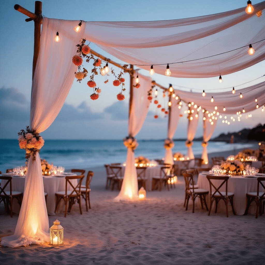 How Crochet Garlands Transformed My Living Space (And Why Yours Needs Them Too!) A romantic beachfront wedding reception at twilight, featuring crocheted flower garlands, warm Edison bulb lighting, and tables adorned with garden roses, set against a backdrop of billowing fabric and glowing lanterns.