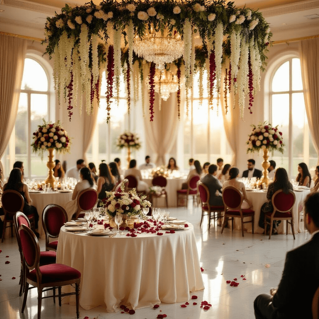 Transform Your Engagement Ceremony: The Ultimate Guide to Stunning Wedding Garlands Cinematic wide-angle view of an elegant indoor engagement ceremony with round mahogany tables draped in ivory silk, adorned with cascading jasmine and red rose garlands, crystal chandeliers, and gold urn centerpieces, bathed in warm golden hour light.