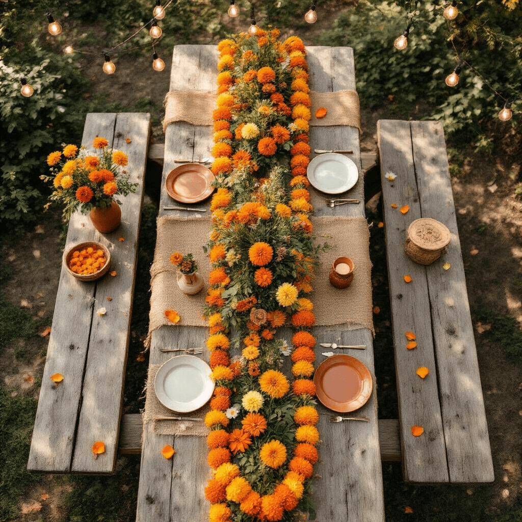 Transform Your Engagement Ceremony: The Ultimate Guide to Stunning Wedding Garlands Overhead flat lay of a rustic outdoor garden engagement setup with vibrant orange marigold and chrysanthemum garlands on wood picnic tables, featuring burlap runners, ceramic plates, mason jar wildflower centerpieces, turmeric flower petals, string lights, and personalized wooden signage.
