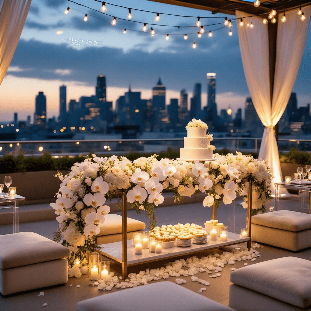 Transform Your Engagement Ceremony: The Ultimate Guide to Stunning Wedding Garlands Close-up of a romantic rooftop terrace wedding ceremony with white orchid garlands on a marble dessert cart, fairy lights overhead, and a city skyline backdrop, featuring elegant gold and ivory decor, silk linens, and a tiered wedding cake.