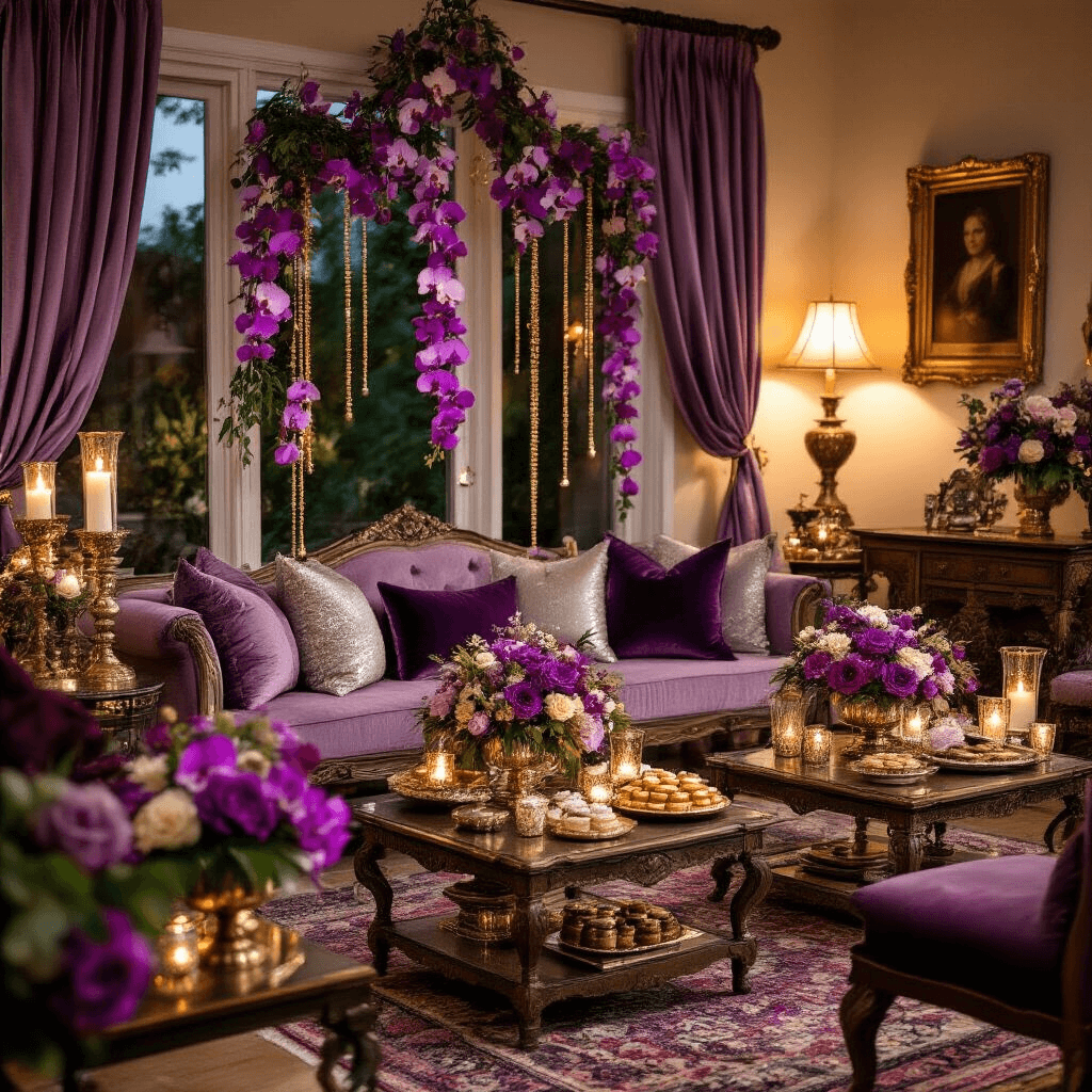 Transform Your Engagement Ceremony: The Ultimate Guide to Stunning Wedding Garlands Cozy living room engagement celebration with warm lighting, featuring mixed purple orchids and gold-beaded garlands, jewel-toned decor, vintage brass candelabras, and fine china sweets, creating an intimate and sophisticated atmosphere.
