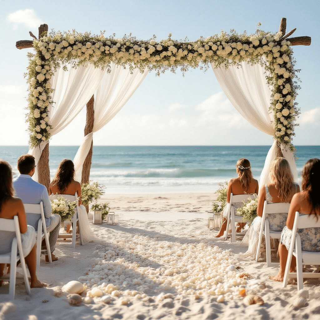 Transform Your Engagement Ceremony: The Ultimate Guide to Stunning Wedding Garlands Wide cinematic shot of a beachfront engagement ceremony with white rose garlands, a driftwood archway wrapped in LED lights, and white linen tables adorned with tropical arrangements, set against a stunning ocean backdrop.