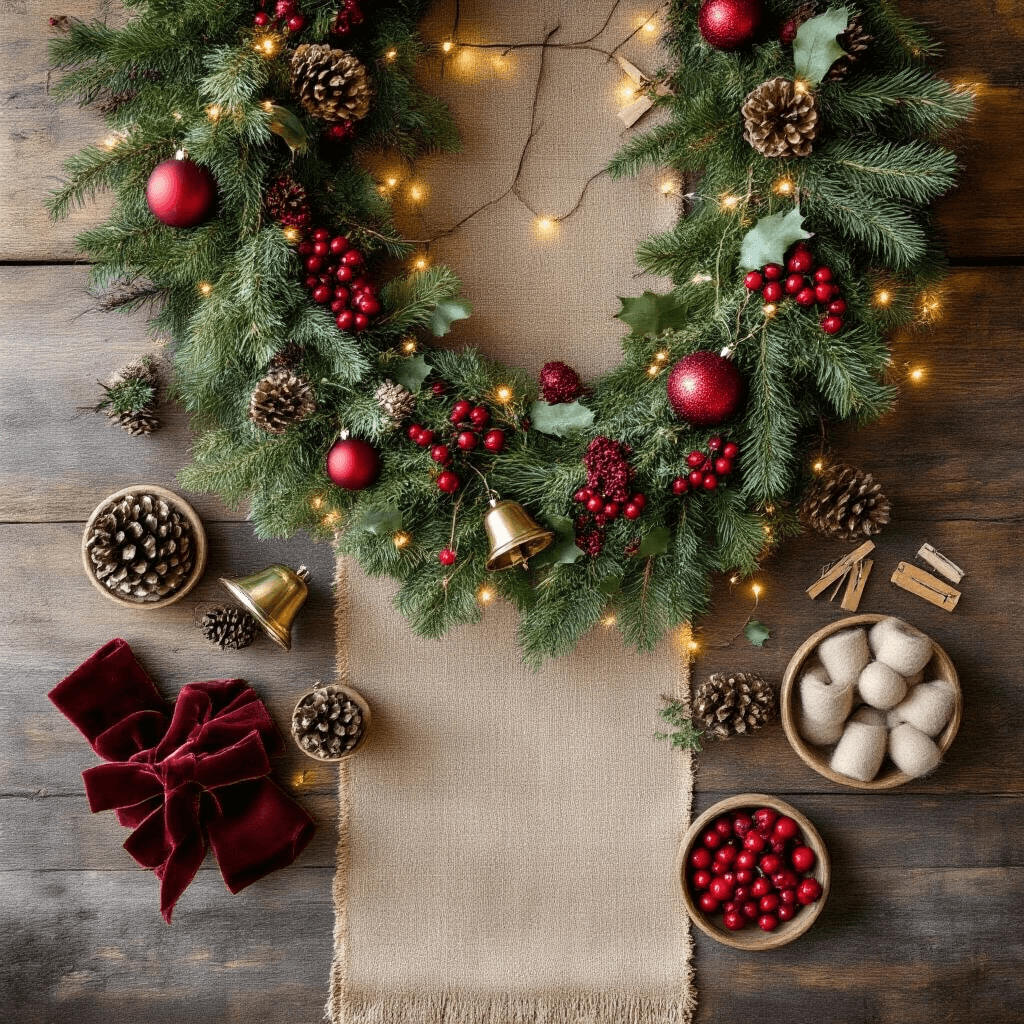 Christmas Staircase Garlands: My Guide to Creating Holiday Magic at Your Front Door Overhead flat lay of a festive staircase garland preparation featuring fresh greenery, vibrant ornaments, and decorative accessories arranged on a rustic wooden table, illuminated by soft morning light.
