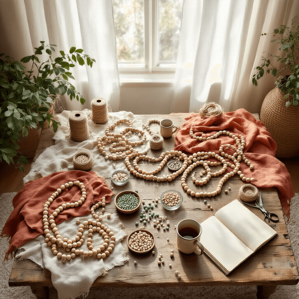 Transform Your Space with Beaded Garland Magic: From Basic to Breathtaking Cinematic overhead view of a cozy coffee table with handcrafted beaded garlands in progress, surrounded by wooden beads, hemp twine, vintage scissors, and glass bowls of painted beads, illuminated by soft morning light filtering through sheer curtains.