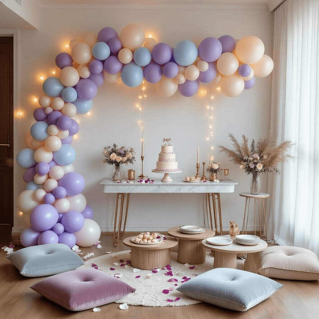 How to Create Stunning Pastel Balloon Garlands That'll Make Your Guests Go "Wow!" Overhead view of a modern apartment living room decorated for a cozy celebration, featuring a curved pastel balloon garland in lavender, powder blue, and champagne. A marble console table displays a three-tier cake stand, silk ribbon, and rose petals, while velvet floor cushions surround wooden tables set with ceramic plates and brass cutlery. Battery-powered string lights illuminate the balloon arrangement, and sheer curtains frame bright windows, enhancing the inviting atmosphere. DIY paper flowers and kraft party favors are scattered throughout the room.